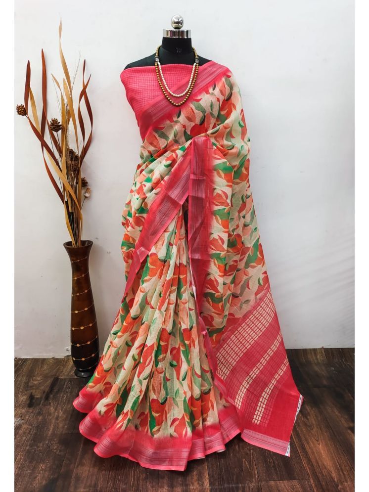     			Sidhidata Pack of 1 Linen Printed Saree With Blouse Piece ( Peach )