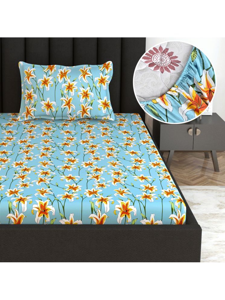     			DIVINE CASA Cotton Floral Fitted Fitted bedsheet with 1 Pillow cover ( Single Bed ) - Sky Blue