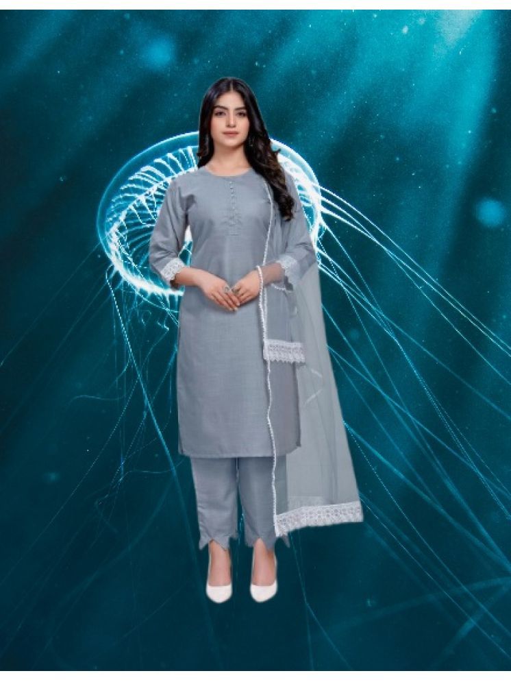     			RUTSH CREATION Cotton Self Design Kurti With Pants Women's Stitched Salwar Suit - Light Grey ( Pack of 1 )