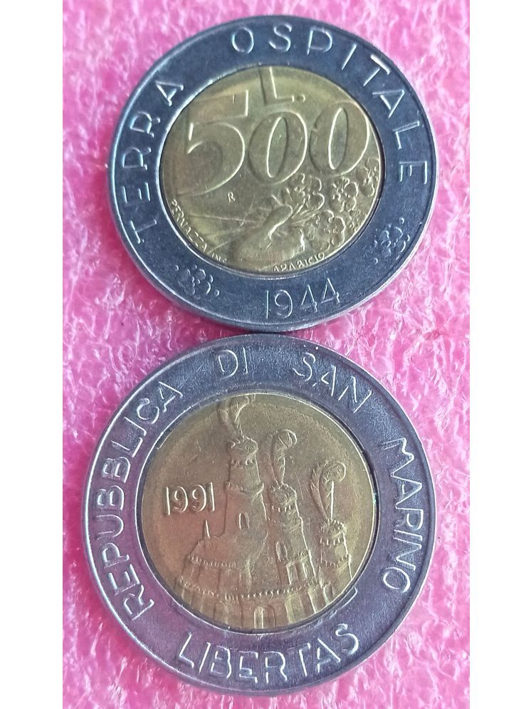     			SAN MARINO  - 500 Lire (Hospitable Land) 1991 Coins › Circulating commemorative coins: Terra Ospitale 1944 Bimetallic: bronzital center in acmonital ring • 6.8 g • ⌀ 25.8 mm