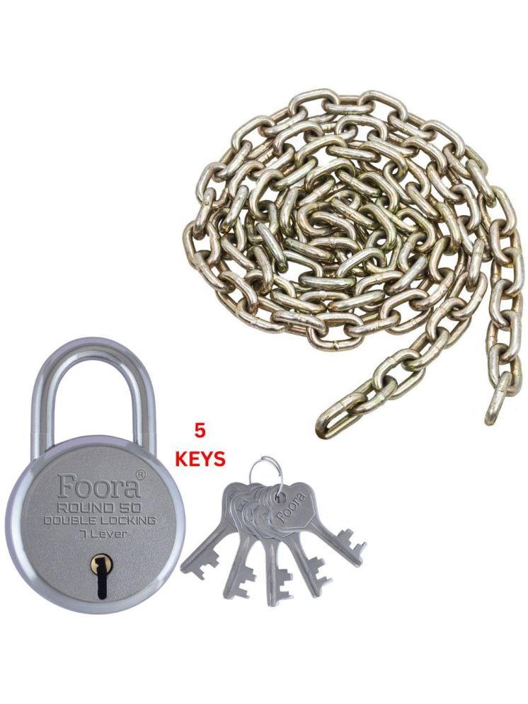     			Foora Round 50mm Lock with 5 Keys, Double Locking, 7 Lever Mechanism, 3-Inch Heavy Duty Iron Chain, Multipurpose Use