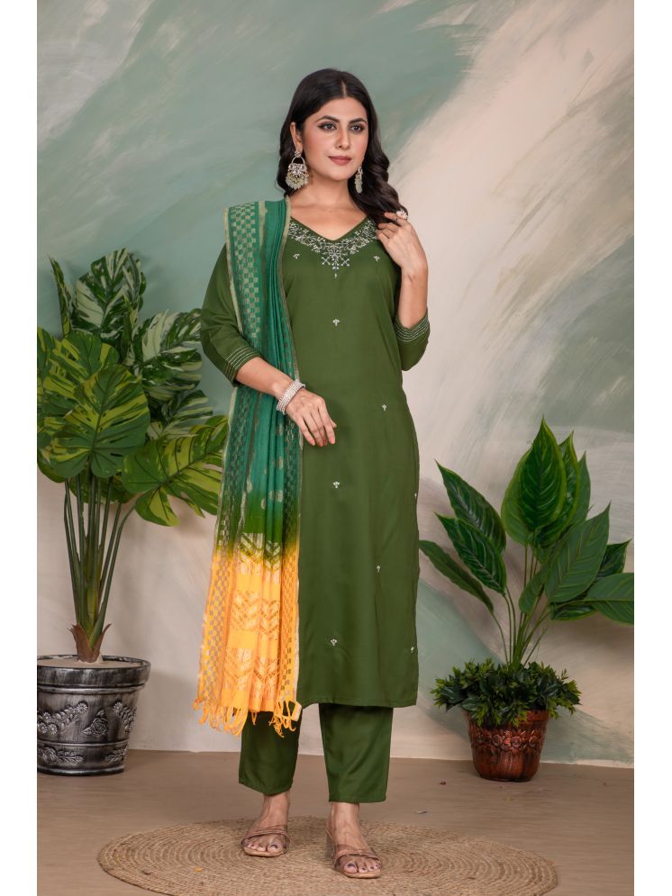     			Sanjana Silks Silk Blend Embroidered Kurti With Pants Women's Stitched Salwar Suit - Green ( Pack of 1 )