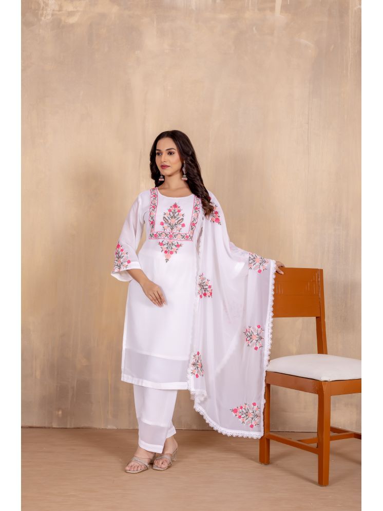     			Sanwariya Silk Georgette Printed Kurti With Pants Women's Stitched Salwar Suit - White ( Pack of 1 )