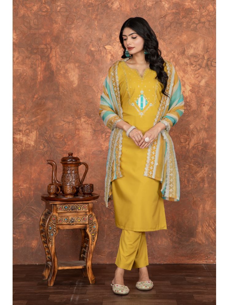     			Sanwariya Silk Silk Blend Embroidered Kurti With Pants Women's Stitched Salwar Suit - Yellow ( Pack of 1 )