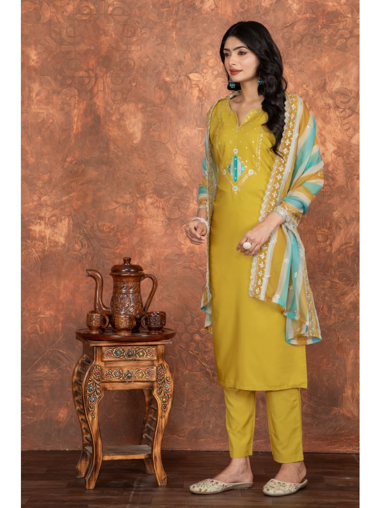     			Sanwariya Silk Silk Blend Printed Kurti With Pants Women's Stitched Salwar Suit - Yellow ( Pack of 1 )