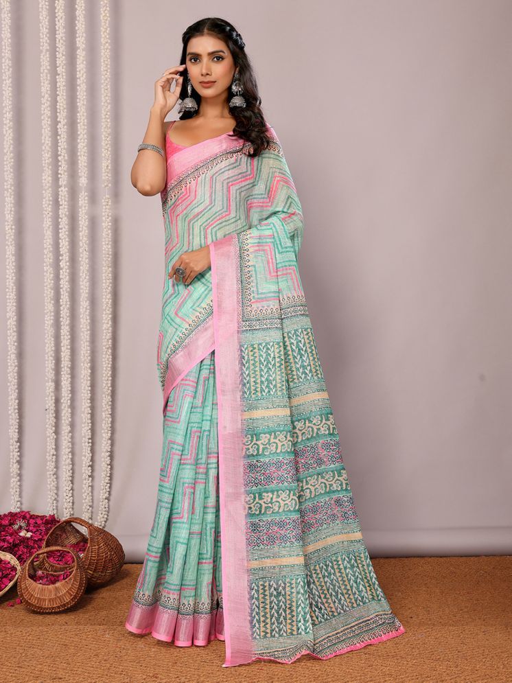     			Janasya Pack of 1 Cotton Blend Printed Saree With Blouse Piece ( Green )