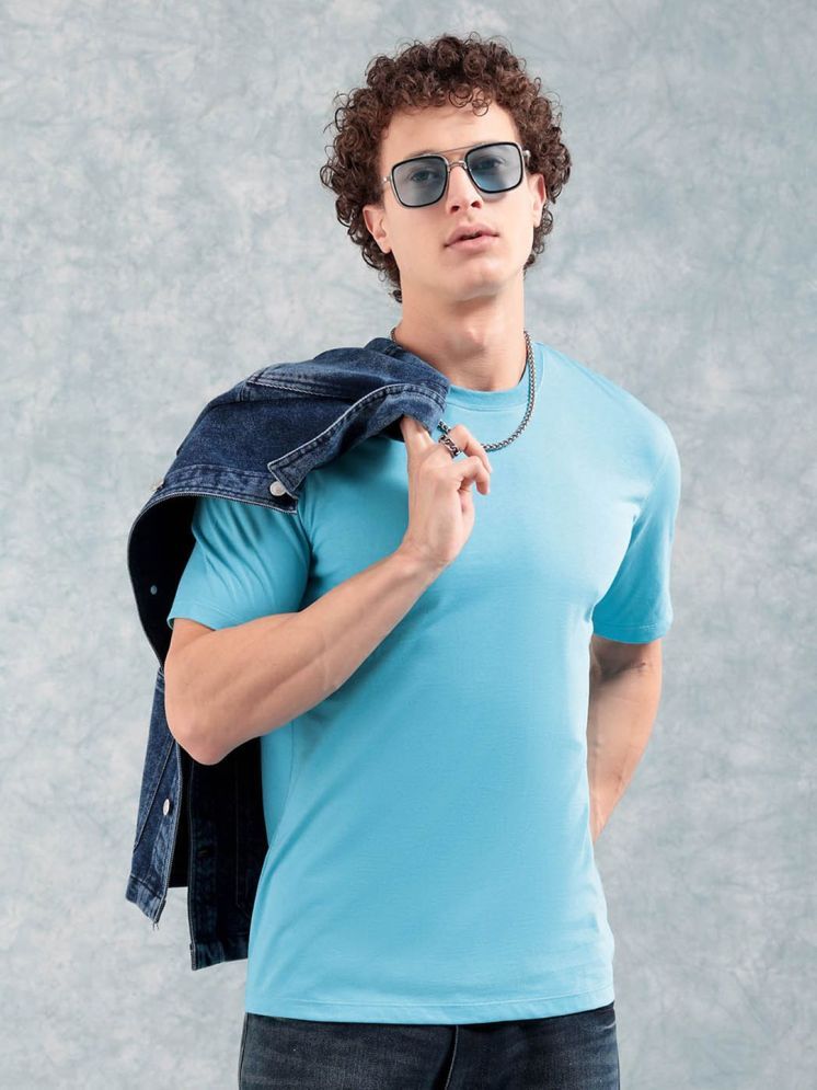     			The Indian Garage Co. Cotton Blend Regular Fit Solid Half Sleeves Men's Round T-Shirt - Aqua Blue ( Pack of 1 )