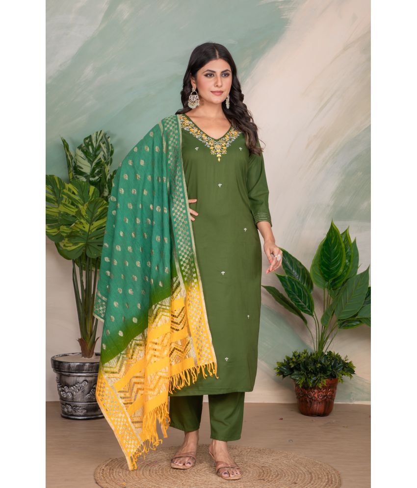     			Sanjana Silks Silk Blend Embroidered Kurti With Pants Women's Stitched Salwar Suit - Yellow,Green ( Pack of 1 )