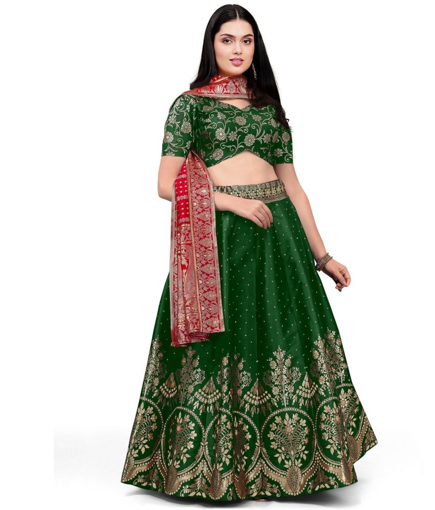     			Trijal Fab Green Jacquard Circular Semi Stitched Lehenga Single