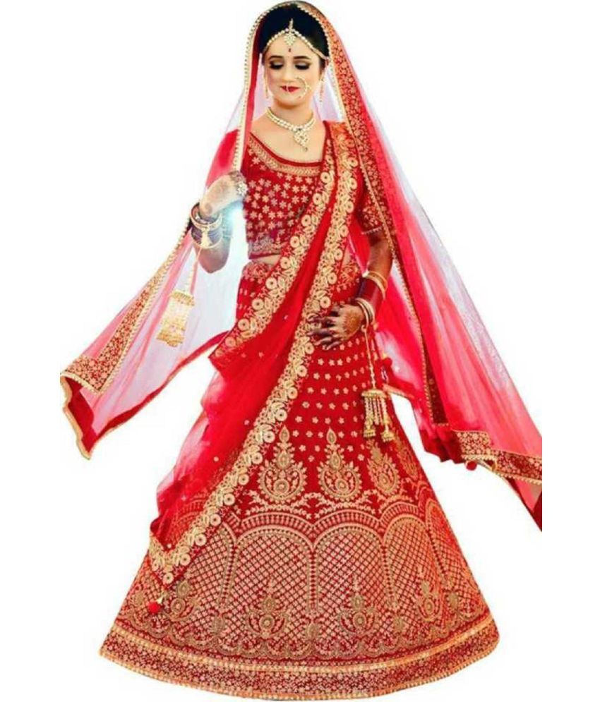     			Trijal Fab Red Silk Circular Semi Stitched Lehenga Single