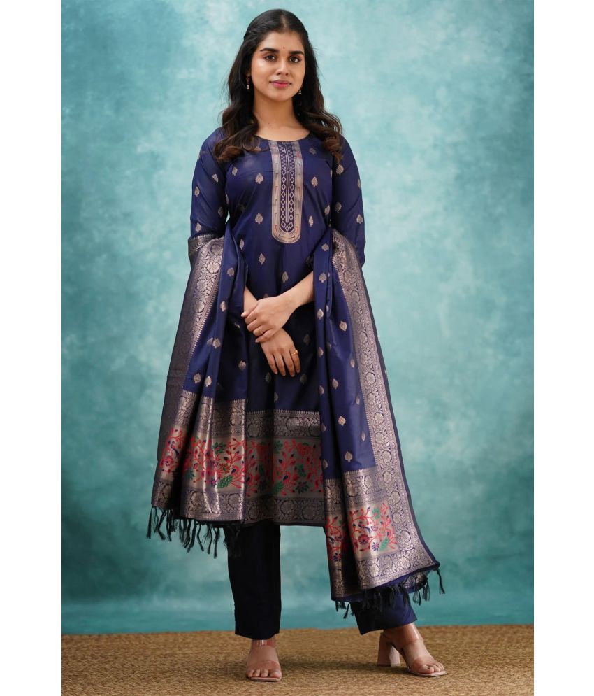     			Trijal Fab Silk Embellished Kurti With Pants Women's Stitched Salwar Suit - Blue ( Pack of 1 )