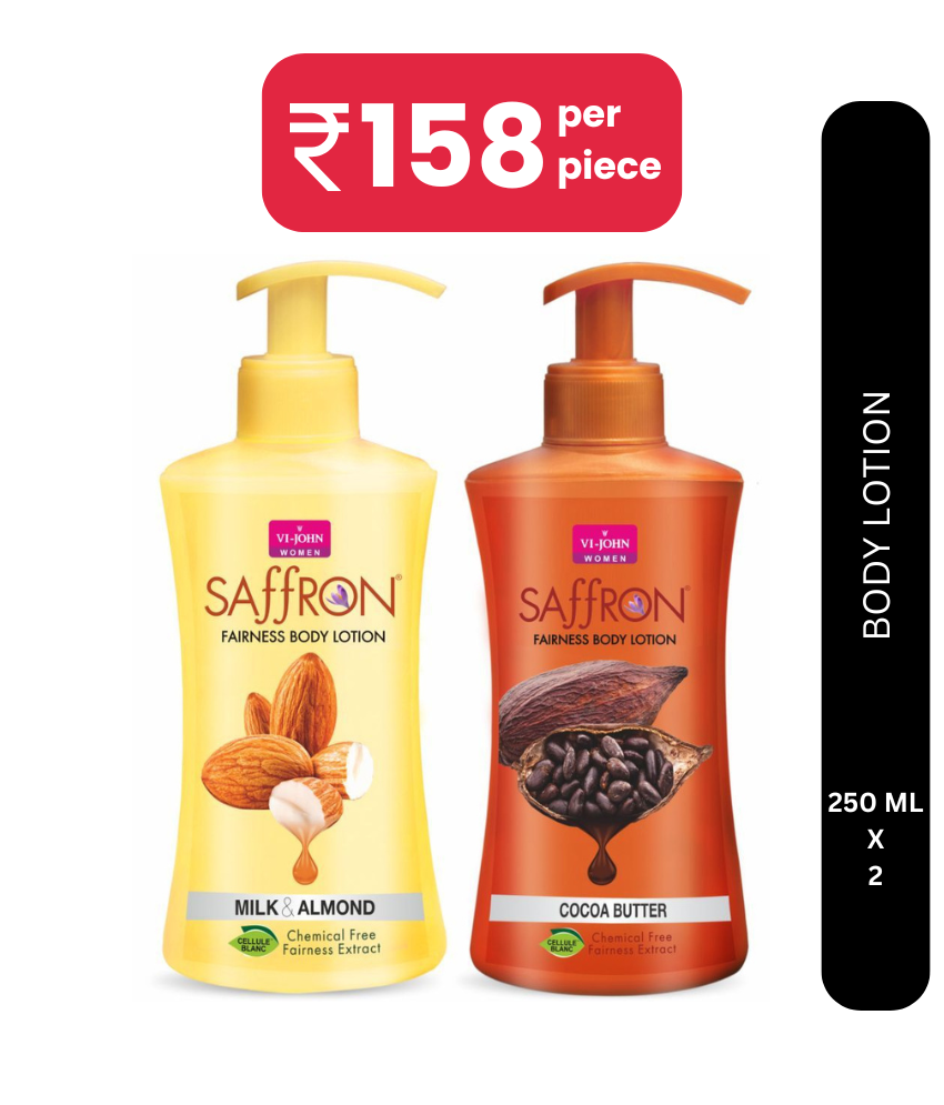     			VI-JOHN Saffron Fairness Body Lotion Milk Almond & Cocoa Butter 250ml Each (500ml)- Pack of 2