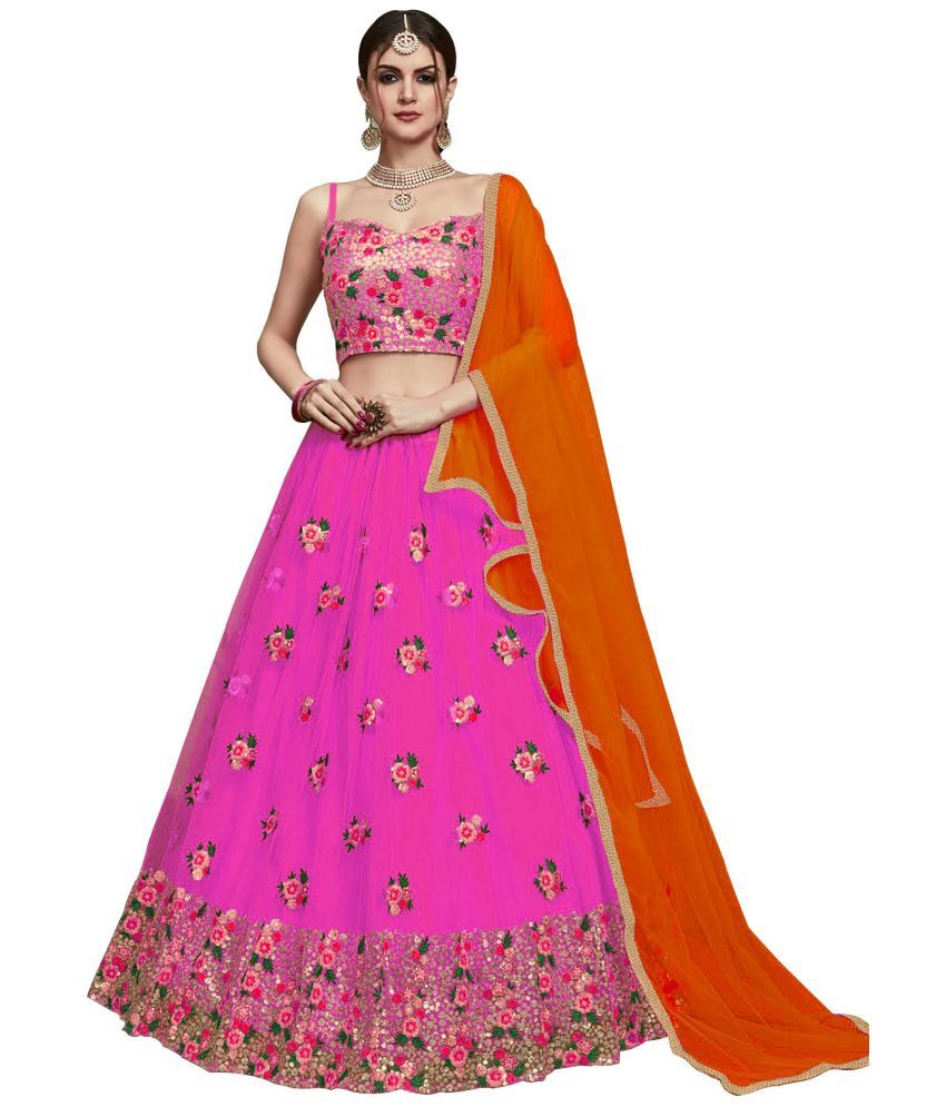     			kedar fab Pink Silk Circular Semi Stitched Lehenga Single