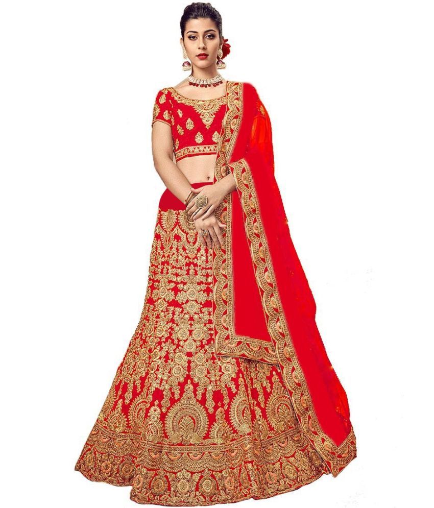     			kedar fab Red Silk Circular Semi Stitched Lehenga Single