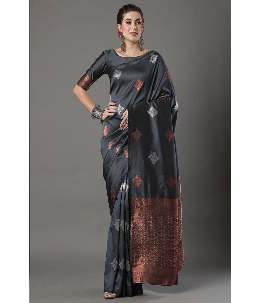     			SAREEKART FAB Pack of 1 Kanjivaram Silk Woven Saree With Blouse Piece ( Grey )