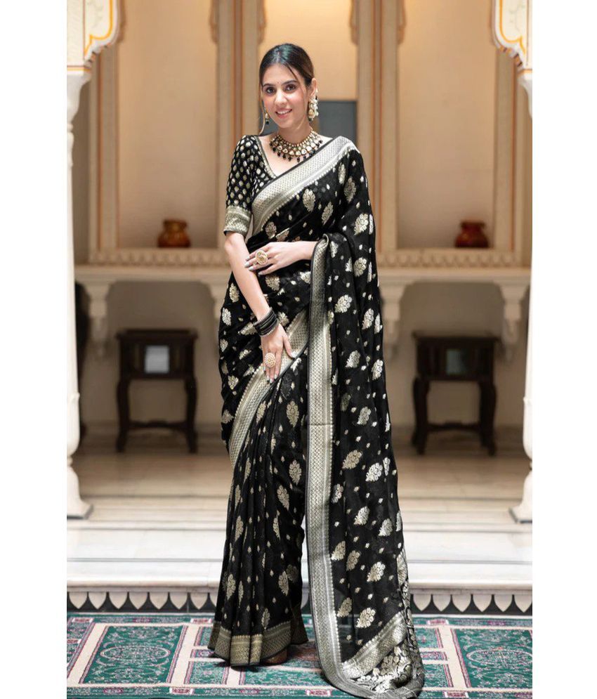     			SAREEKART FAB Pack of 1 Kanjivaram Silk Woven Saree With Blouse Piece ( Black )