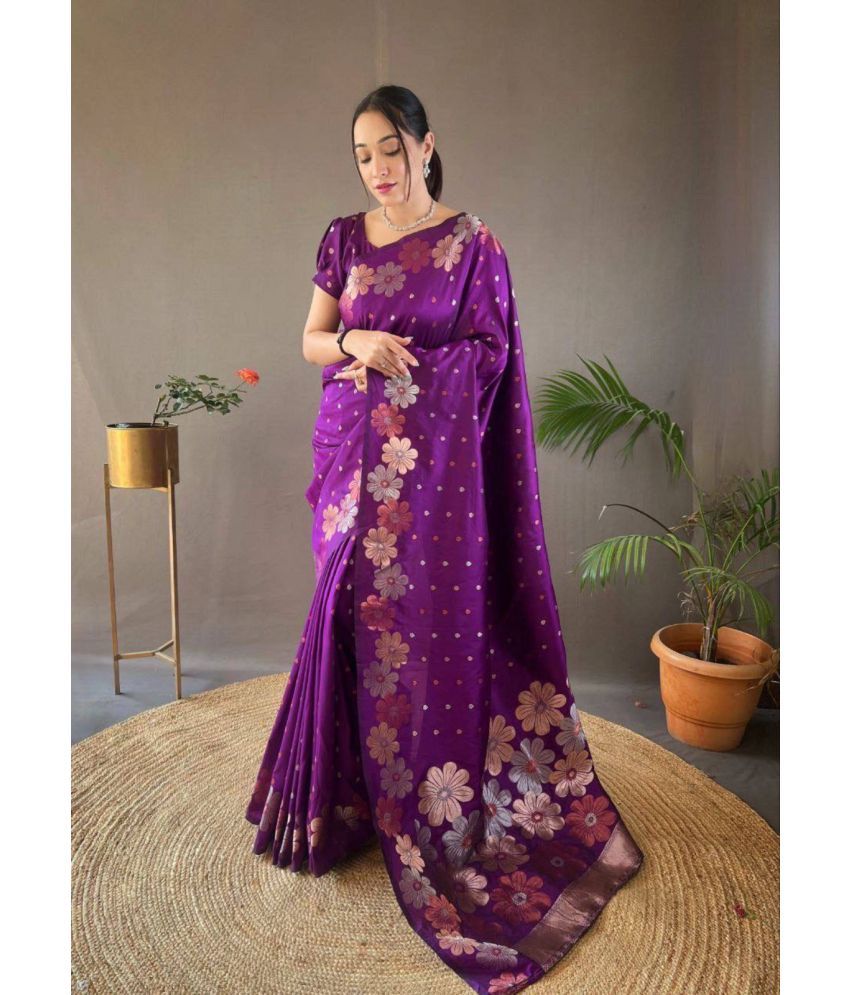     			Sanjana Silk Pack of 1 Silk Blend Self Design Saree With Blouse Piece ( Purple )