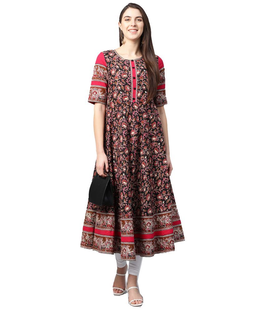     			Yash Gallery Pack of 1 Cotton Printed Anarkali Women's Kurti - ( Black )