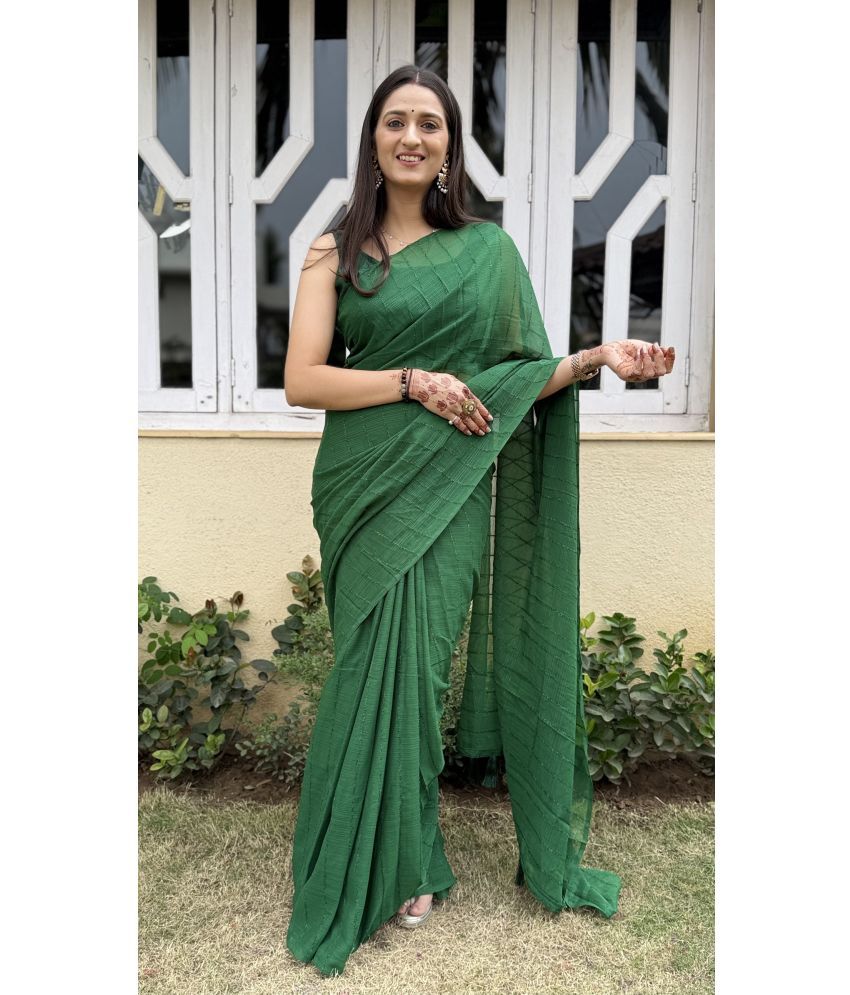     			A TO Z CART Pack of 1 Chiffon Striped Saree With Blouse Piece ( Green )