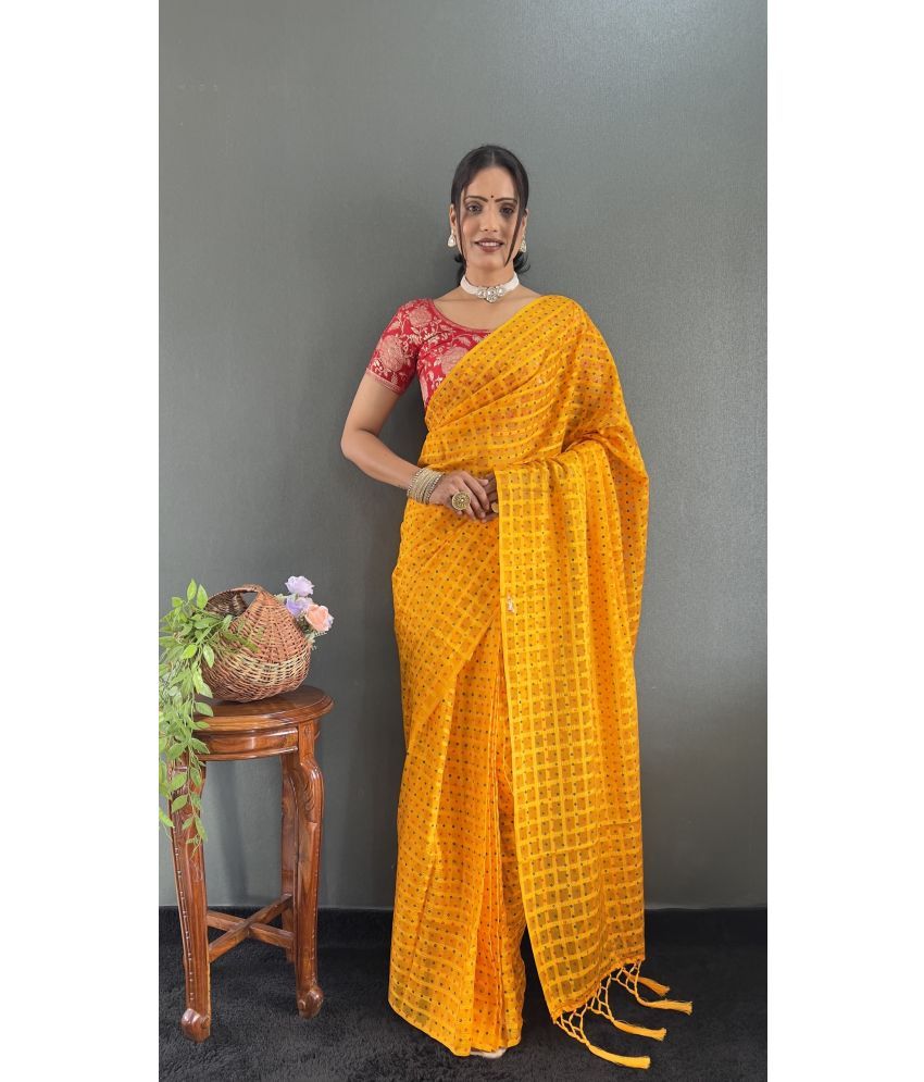     			JULEE Pack of 1 Chiffon Checks Saree With Blouse Piece ( Yellow )