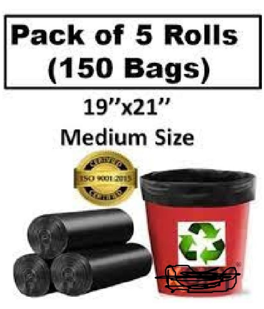     			Premium Disposable Garbage Bags | Medium size 19 x 21 inches, 30 Bags per Roll, 150 Count | Black Color | Dustbin covers for Wet and Dry Waste (Pack of 5)