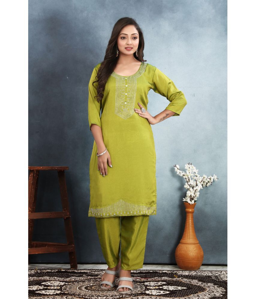     			Sanjana Silks Silk Blend Embellished Kurti With Pants Women's Stitched Salwar Suit - Green ( Pack of 1 )