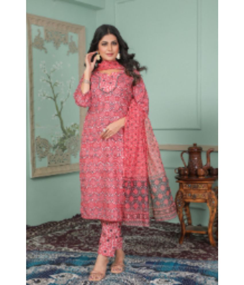     			Sanwariya Silk Rayon Printed Kurti With Pants Women's Stitched Salwar Suit - Peach ( Pack of 1 )