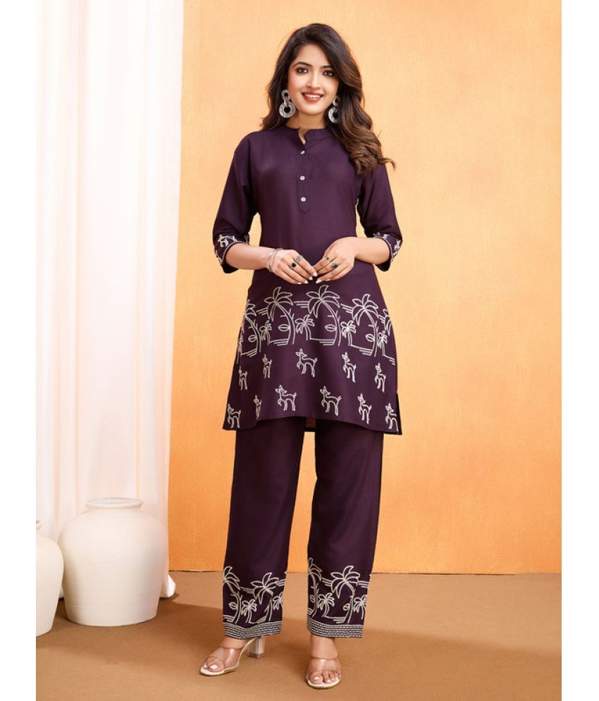     			Sanwariya Silks Rayon Printed Kurti With Pants Women's Stitched Salwar Suit - Wine ( Pack of 1 )