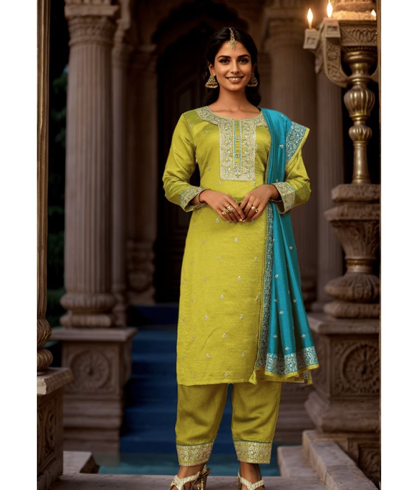     			Sitanjali Lifestyle Silk Blend Embroidered Kurti With Pants Women's Stitched Salwar Suit - Green ( Pack of 1 )