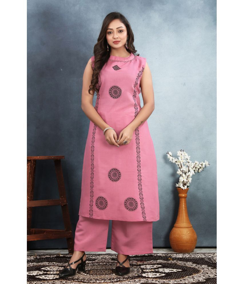     			Sitanjali Silk Printed Kurti With Pants Women's Stitched Salwar Suit - Pink ( Pack of 1 )