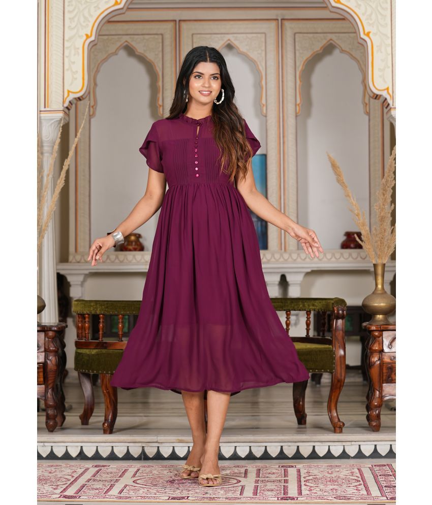     			Yash Gallery Georgette Solid Calf-Length Women's Fit & Flare Dress - Wine ( Pack of 1 )