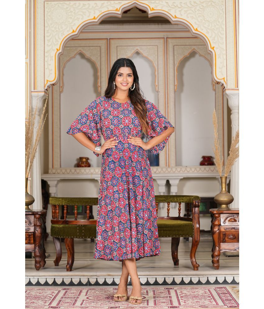     			Yash Gallery Rayon Printed Calf-Length Women's Fit & Flare Dress - Multicolor ( Pack of 1 )