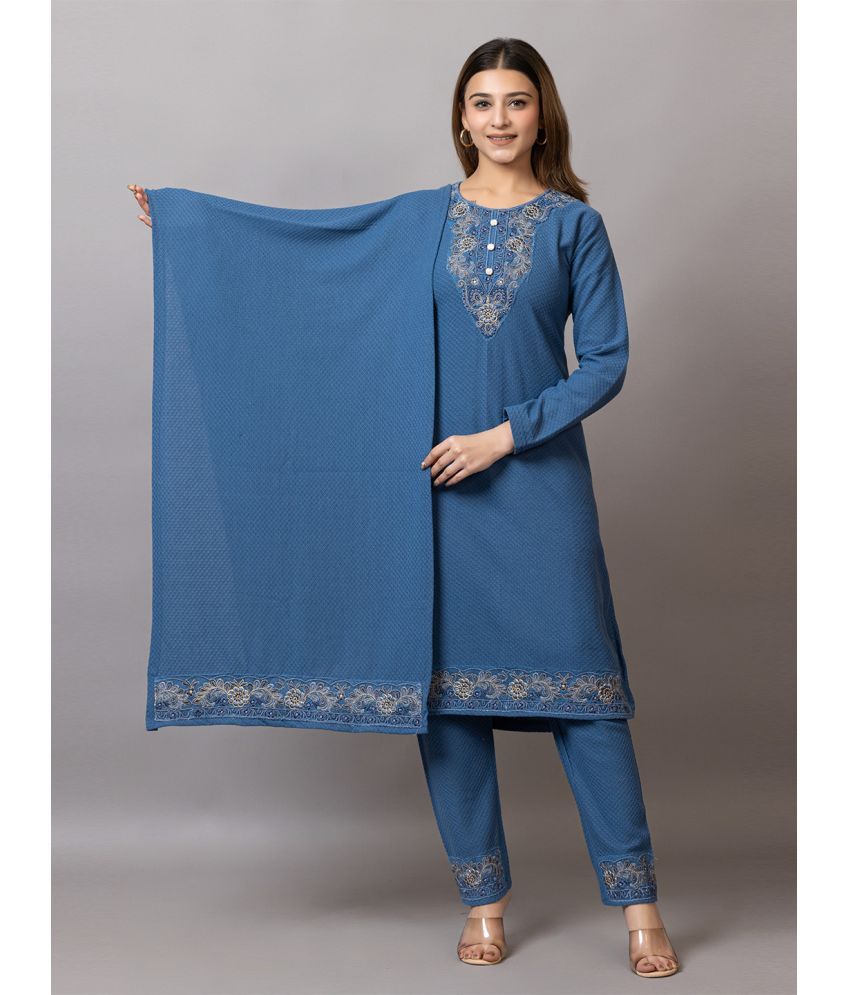     			woolkart Woollen Embroidered Kurti With Pants Women's Stitched Salwar Suit - Blue ( Pack of 1 )