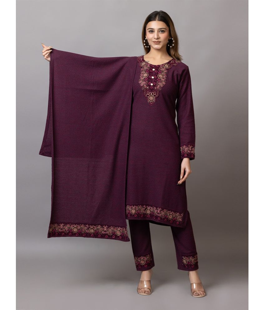     			woolkart Woollen Embroidered Kurti With Pants Women's Stitched Salwar Suit - Purple ( Pack of 1 )