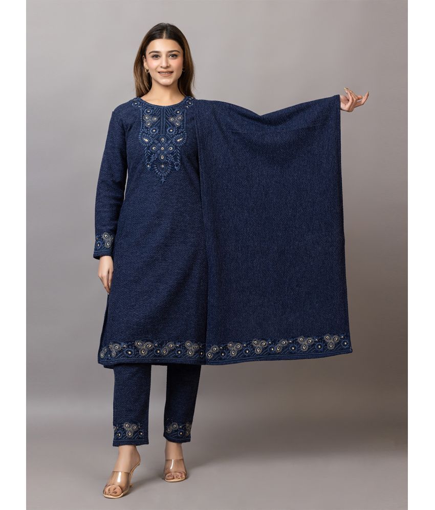     			woolkart Woollen Embroidered Kurti With Pants Women's Stitched Salwar Suit - Navy Blue ( Pack of 1 )