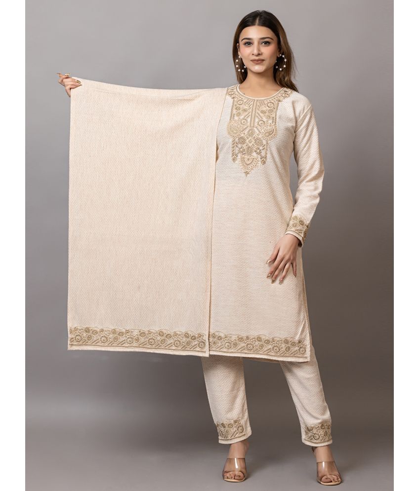     			woolkart Woollen Embroidered Kurti With Pants Women's Stitched Salwar Suit - Off White ( Pack of 1 )