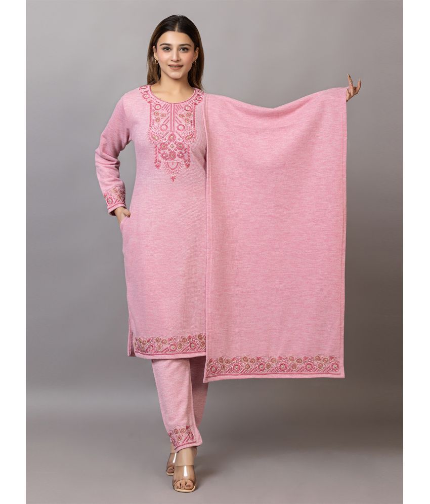     			woolkart Woollen Embroidered Kurti With Pants Women's Stitched Salwar Suit - Pink ( Pack of 1 )