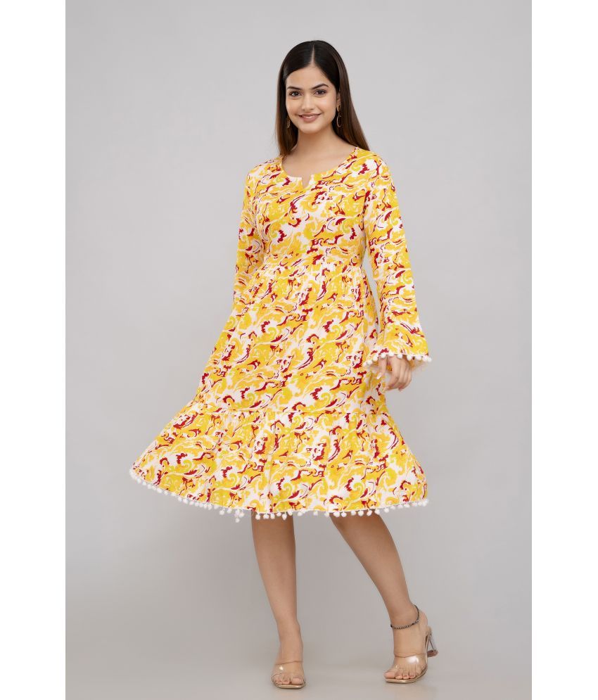     			TRENDSWILL Viscose Rayon Printed Knee Length Women's A-line Dress - Yellow ( Pack of 1 )