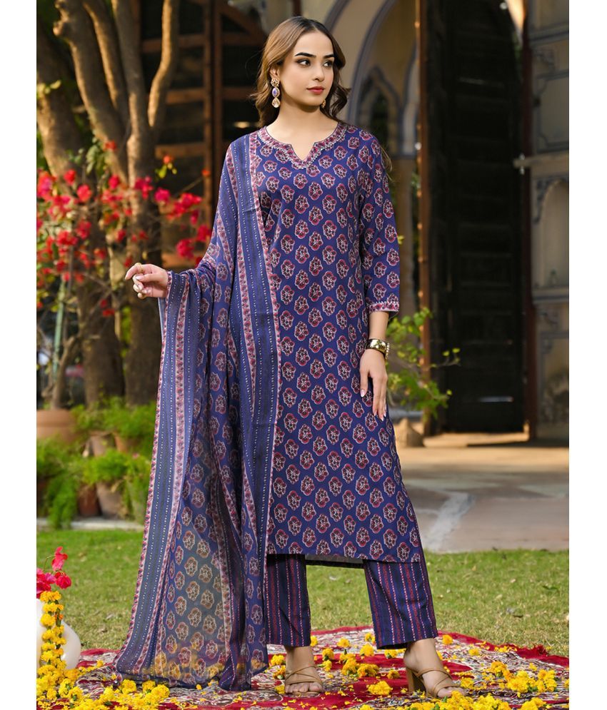     			Vaamsi Cotton Blend Printed Kurti With Pants Women's Stitched Salwar Suit - Navy Blue ( Pack of 1 )