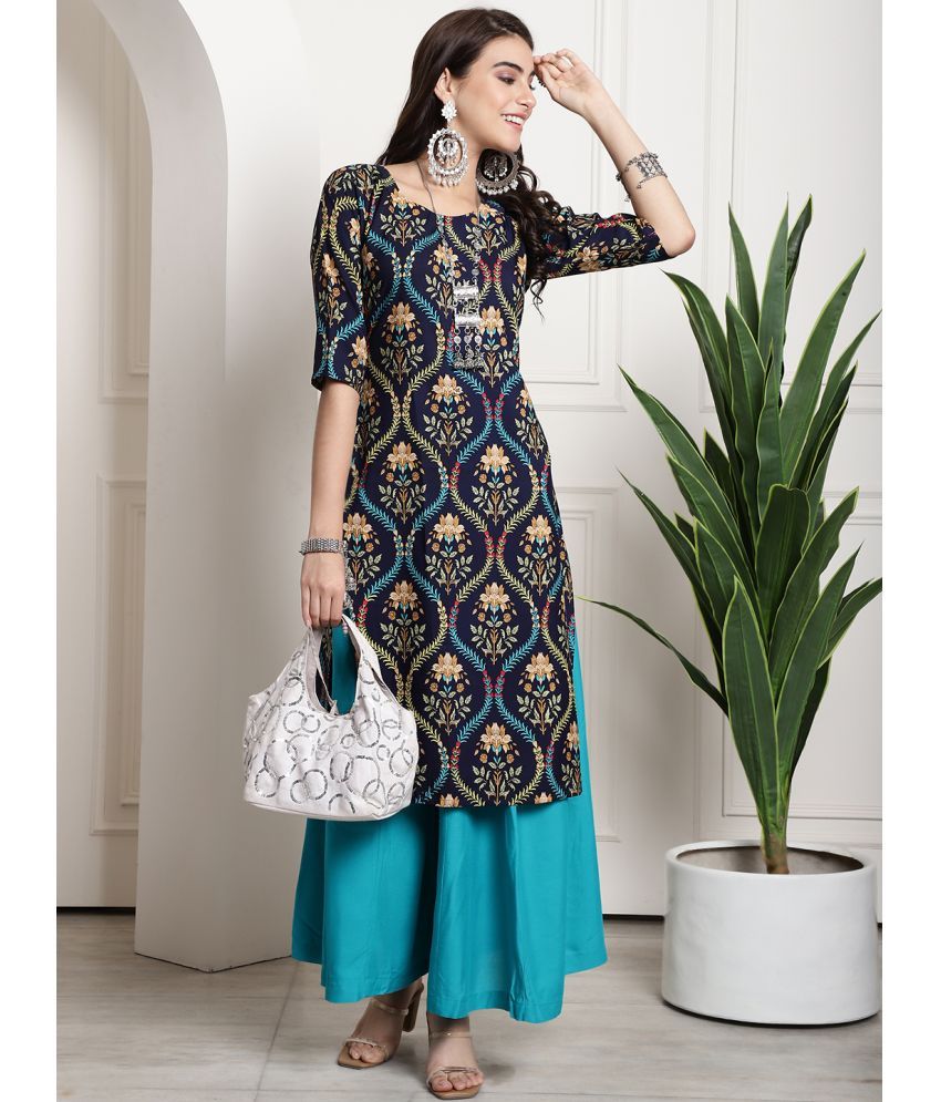     			Ethnicbasket Pack of 1 Crepe Printed Straight Women's Kurti - ( Navy Blue )