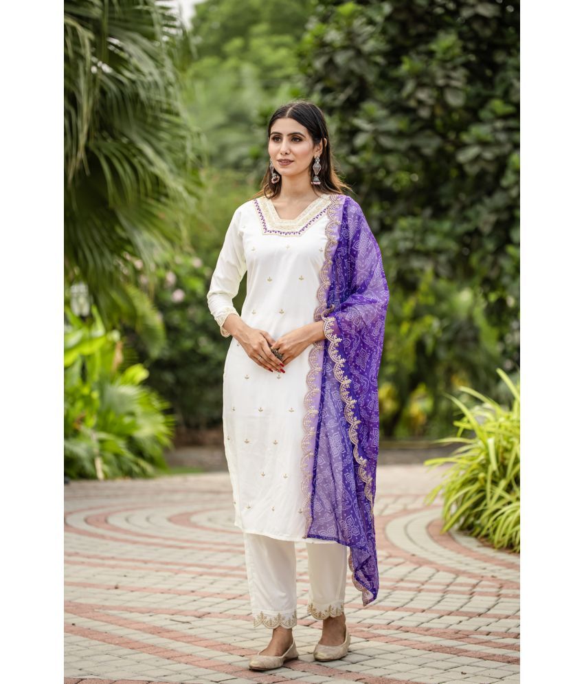     			Sitanjali Silk Blend Embellished Kurti With Pants Women's Stitched Salwar Suit - Cream ( Pack of 1 )