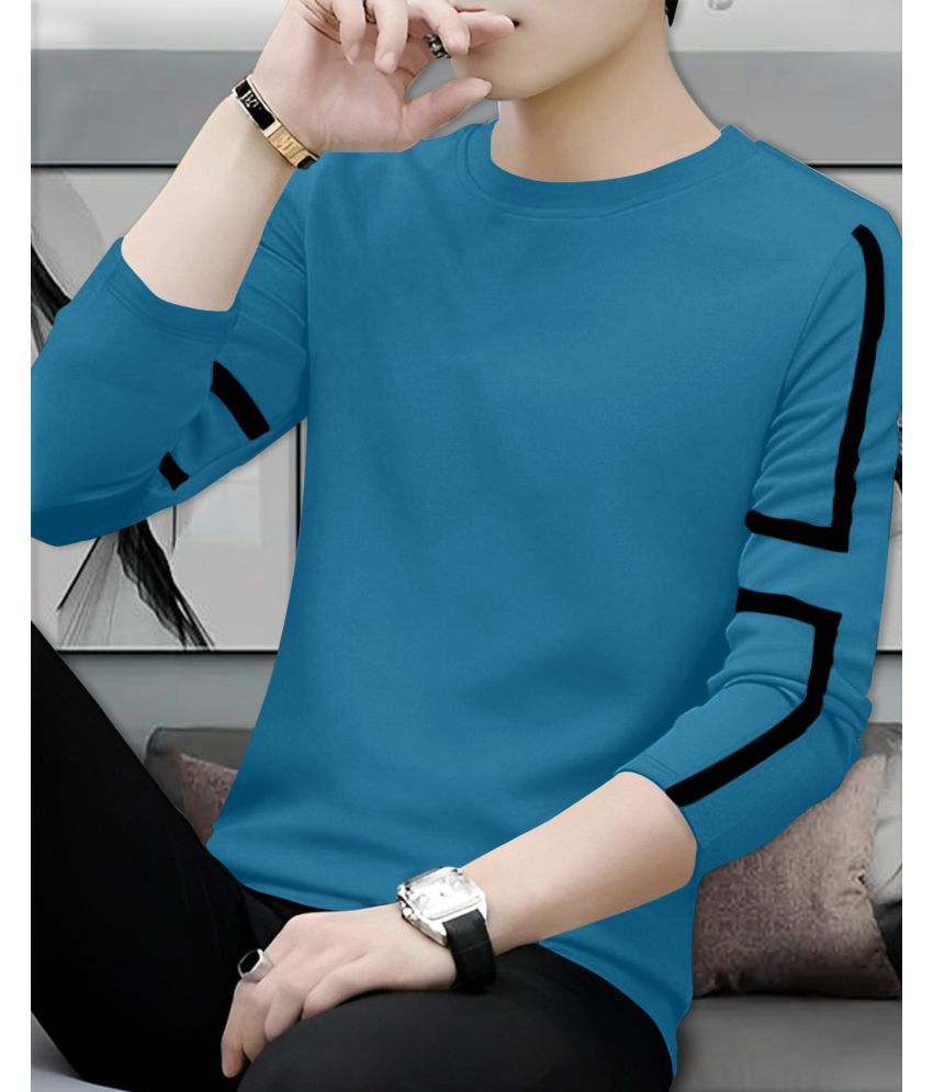     			AOOSH Cotton Blend Regular Fit Striped Full Sleeves Men's Round T-Shirt - Teal Blue ( Pack of 1 )