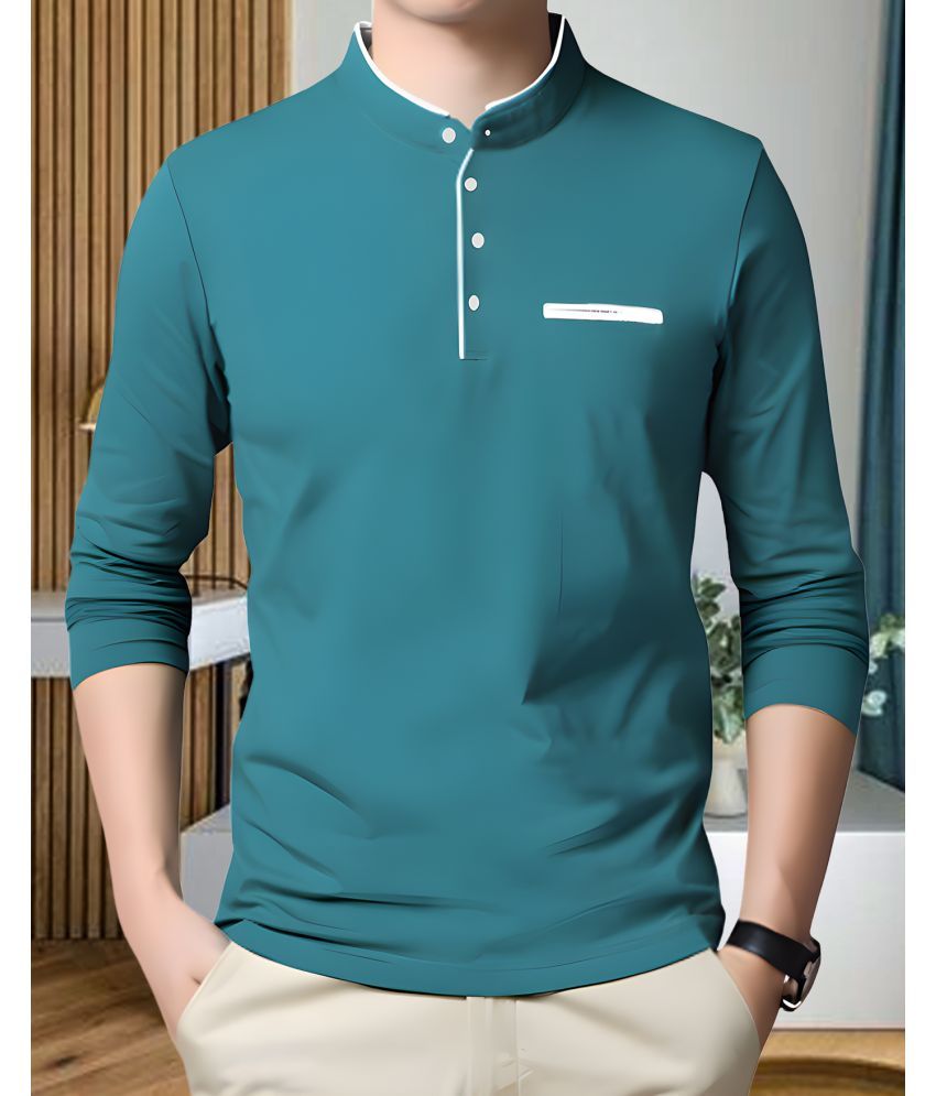     			AOOSH Cotton Blend Regular Fit Solid Full Sleeves Men's Mandarin Collar T-Shirt - Teal Blue ( Pack of 1 )