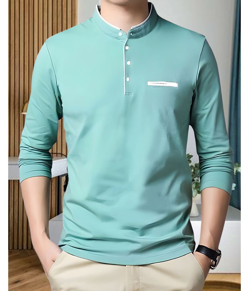     			AOOSH Cotton Blend Regular Fit Solid Full Sleeves Men's Mandarin Collar T-Shirt - Aqua Blue ( Pack of 1 )