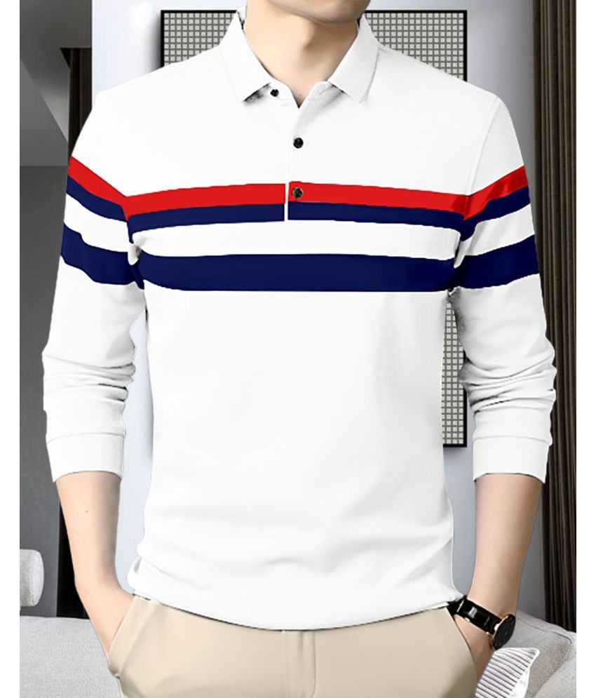     			AOOSH Pack of 1 Cotton Blend Regular Fit Striped Full Sleeves Men's Polo T Shirt ( White )