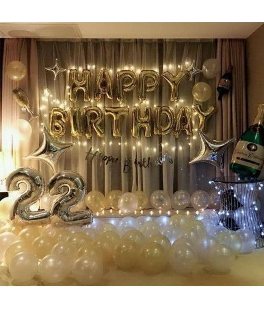     			PartyBooms Happy BIrthday Gold Decoration, HBD Silver Cursive Item, 4 Silver Stars Foil, 1 Set Champenge & Glass Foil, 22 Silver Number, 15 Gold & 15 White Metallic Balloons Pack of 40