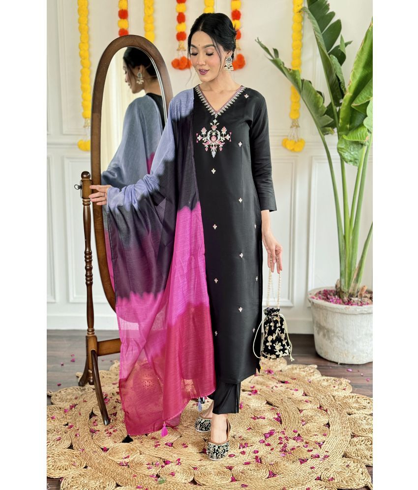     			SILORY Viscose Embroidered Kurti With Pants Women's Stitched Salwar Suit - Black ( Pack of 1 )