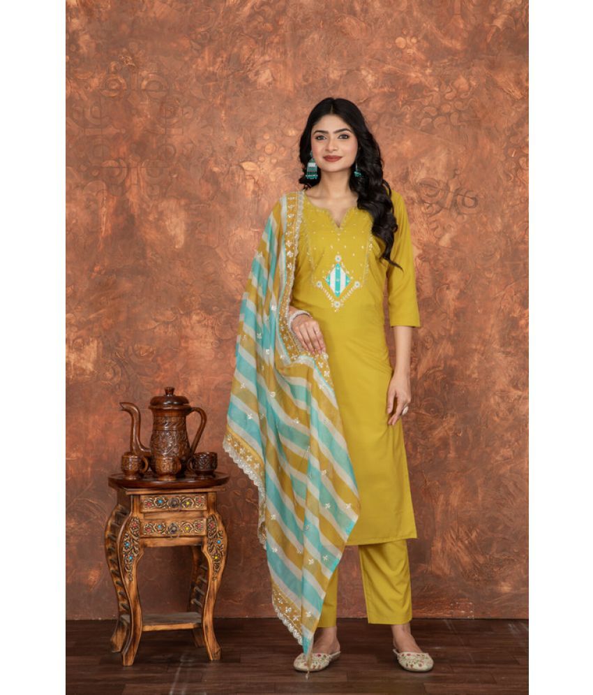     			Sitanjali Lifestyle Silk Blend Embroidered Kurti With Pants Women's Stitched Salwar Suit - Yellow ( Pack of 1 )