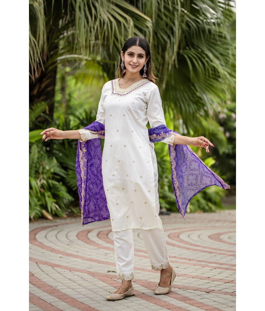     			Sitanjali Silk Blend Embroidered Kurti With Pants Women's Stitched Salwar Suit - Cream ( Pack of 1 )