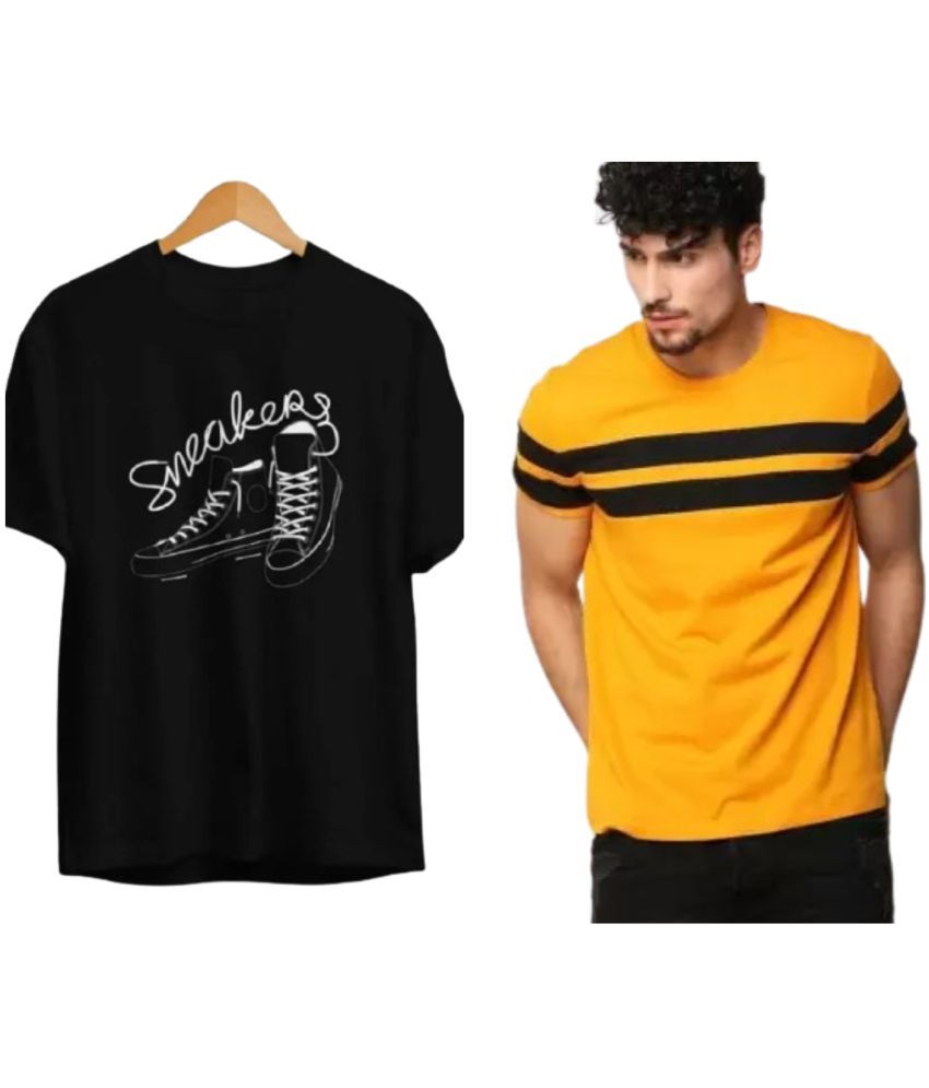     			attitude start of fashion Polyester Regular Fit Striped Half Sleeves Men's Round T-Shirt - Mustard ( Pack of 2 )